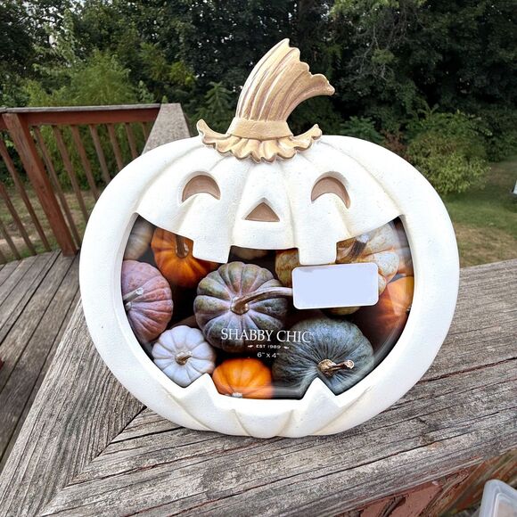 NEW Shabby Chic 6x4" Photo Frame Pumpkin Jack-o-Lantern Halloween - Picture 1 of 2